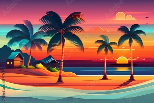 Summer romantic landscape, palm trees and the ocean at sunset. Flat cartoon style. AI generation 