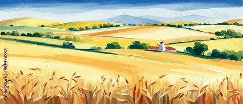 Fotografia Farm on a hill with yellow or golden wheat field in a watercolor style, agricult