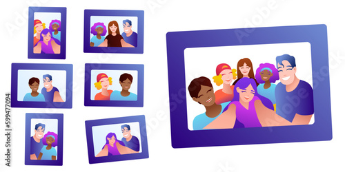 People group selfie. Friendly guy makes group photo with smiling friends on smartphone camera in hands, taking self portrait photos. Telephone photography vector cartoon illustration.