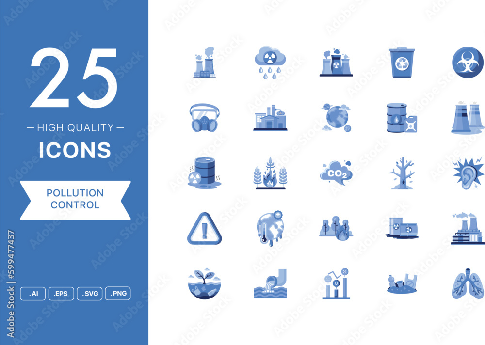 Vector set of Pollution Control icons. The collection comprises 25 vector icons for mobile applications and websites.