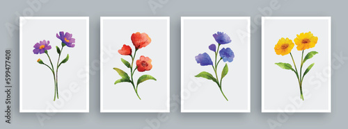 Wild flowers painting set in watercolor style. Wall art watercolor painting background.