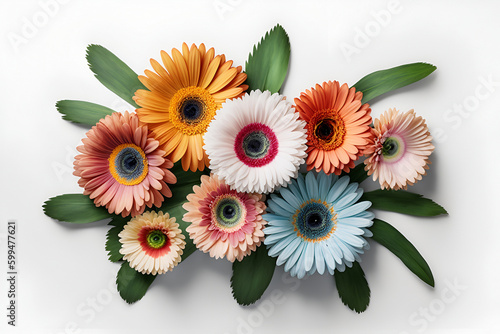 Bouquet of colourful gerbera daisy daisies flower plant with leaves isolated on white background. Flat lay, top view. macro	