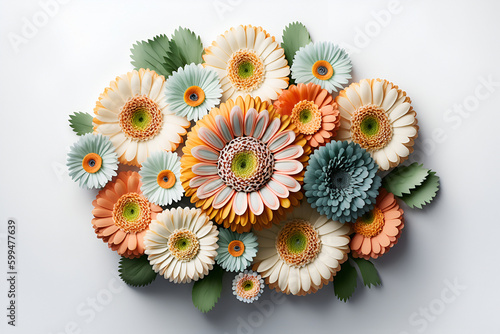 Bouquet of colourful gerbera daisy daisies flower plant with leaves isolated on white background. Flat lay, top view. macro	