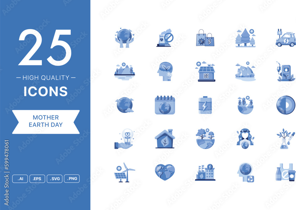 Vector set of Mother Earth Day icons. The collection comprises 25 vector icons for mobile applications and websites.