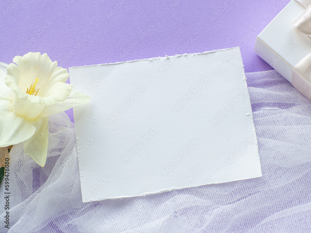 daffodils flower, gift box and paper background with copy space daffodils flower, gift box and paper background with copy space