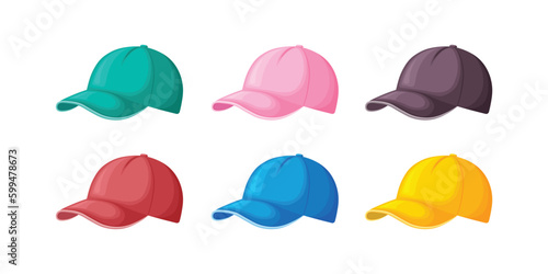 Baseball caps set. Blue yellow and pink beanie. Cartoon-style baseball caps. Headdress. Vector illustration isolated on a white background
