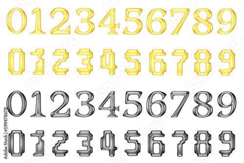 3d render gold and black number 0-9 isolated on white background with clipping path