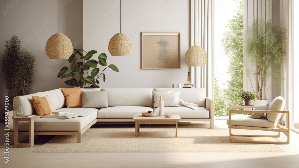 A sun-drenched living room with lofty ceilings, boasting a minimalistic interior design featuring pristine white walls. Photorealistic illustration, Generative AI