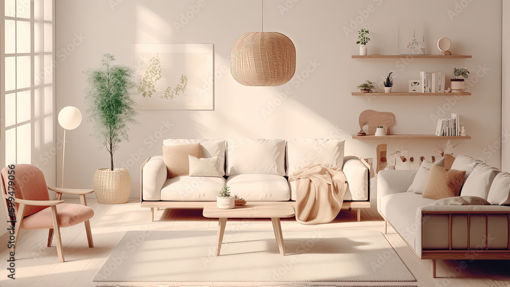 An inviting living room filled with sunlight through the windows, illuminating the white interior. Photorealistic illustration, Generative AI