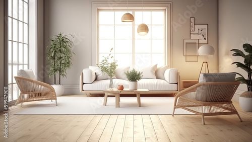 A living room boasting a cozy off-white interior, accentuated by a wood floor and wooden furniture. Photorealistic illustration, Generative AI