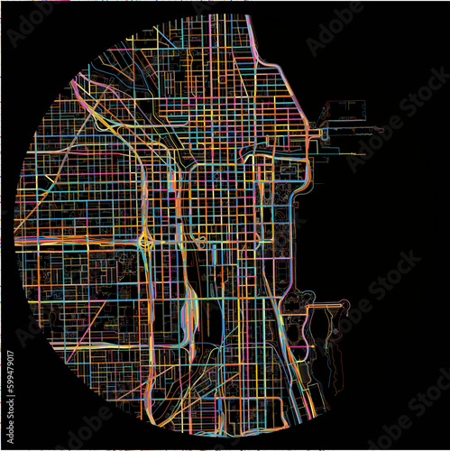 Colorful Map of Chicago, Illinois with all major and minor roads.