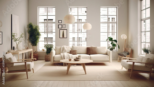 A city apartment living room with a high ceiling  wood furniture  and large windows offering a street view. Photorealistic illustration  Generative AI