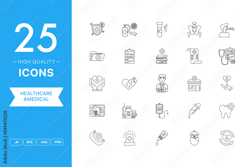 Naklejka premium Vector set of Healthcare and Medical icons. The collection comprises 25 vector icons for mobile applications and websites.