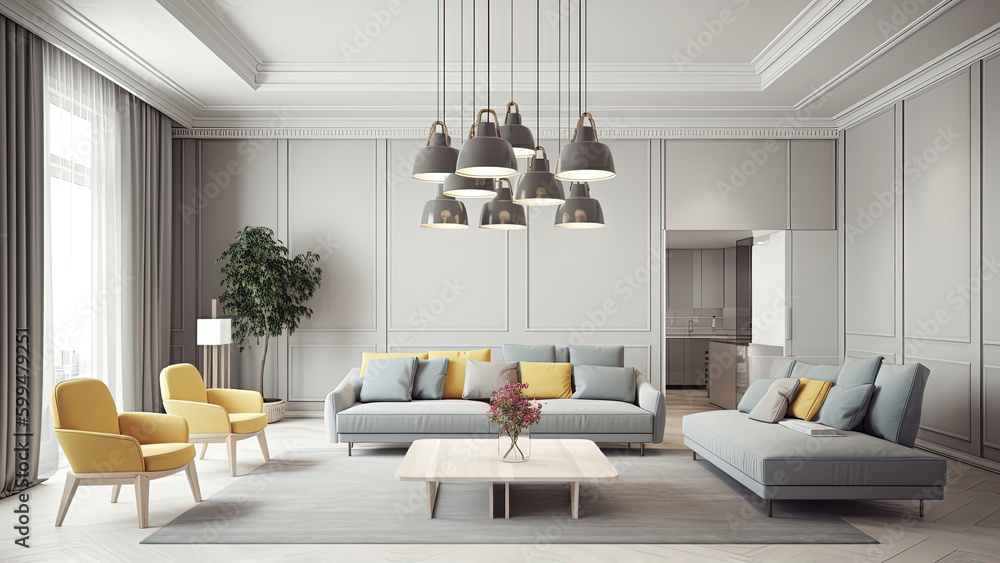 Fototapeta premium A large lounge with its spacious layout, bathed in sunlight through a large window, while its tidy appearance is accentuated by the high ceiling. Photorealistic illustration, Generative AI