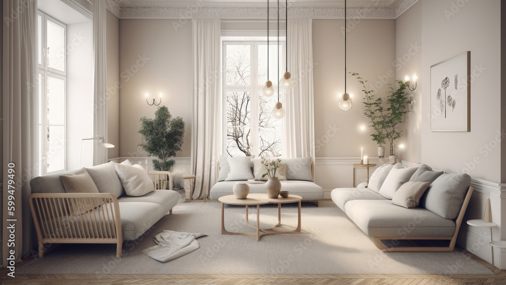 A small and cozy living room with an off-white interior that is sunlit through large windows, creating an inviting ambiance. Photorealistic illustration, Generative AI A small and cozy living room with an off-white interior that is sunlit through large windows, creating an inviting ambiance. Photorealistic illustration, Generative AI