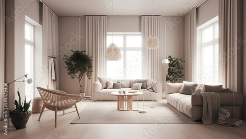 A high-ceilinged living room that features an inviting off-white color interior, bathed in sunlight streaming through the surrounding windows. Photorealistic illustration, Generative AI © DIMENSIONS