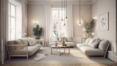 A small and cozy living room with an off-white interior that is sunlit through large windows, creating an inviting ambiance. Photorealistic illustration, Generative AI © DIMENSIONS
