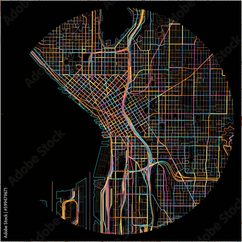 Colorful Map of Seattle, Washington with all major and minor roads.