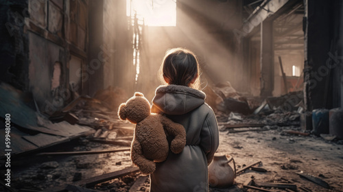 Abandoned girl with a teddy bear in the abandoned building