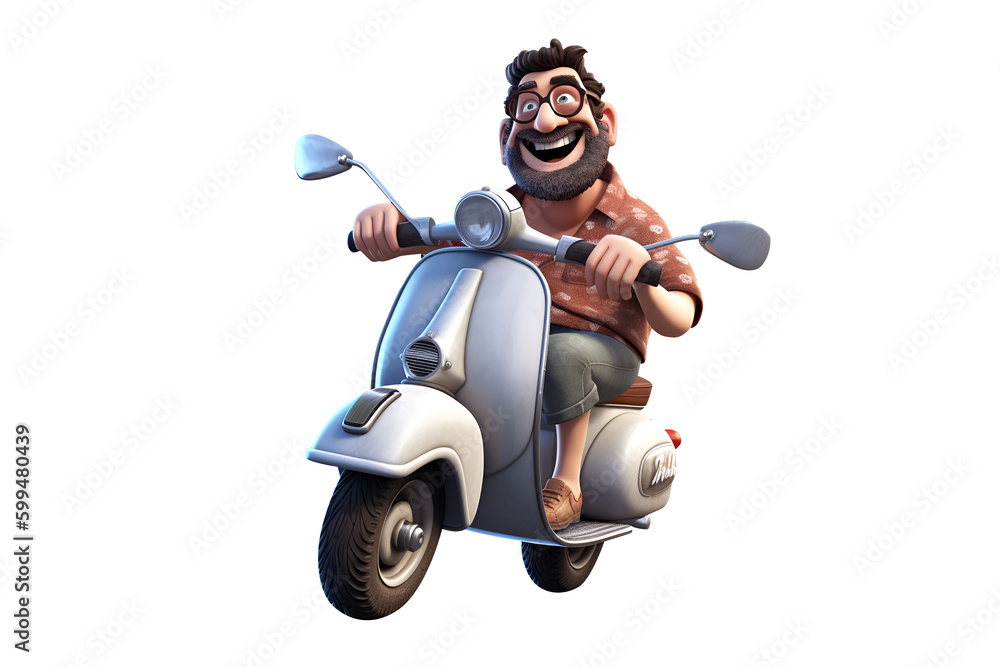 3D cartoon character cute man riding vintage scooter, full body person ...