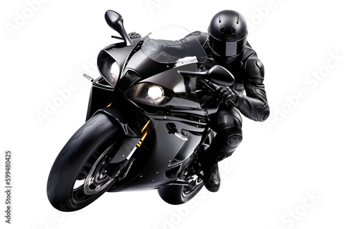 Motorbike on the road riding. having fun driving the empty road on a motorcycle tour journey. Front view perspective, isolated on white transparent background, ai generate