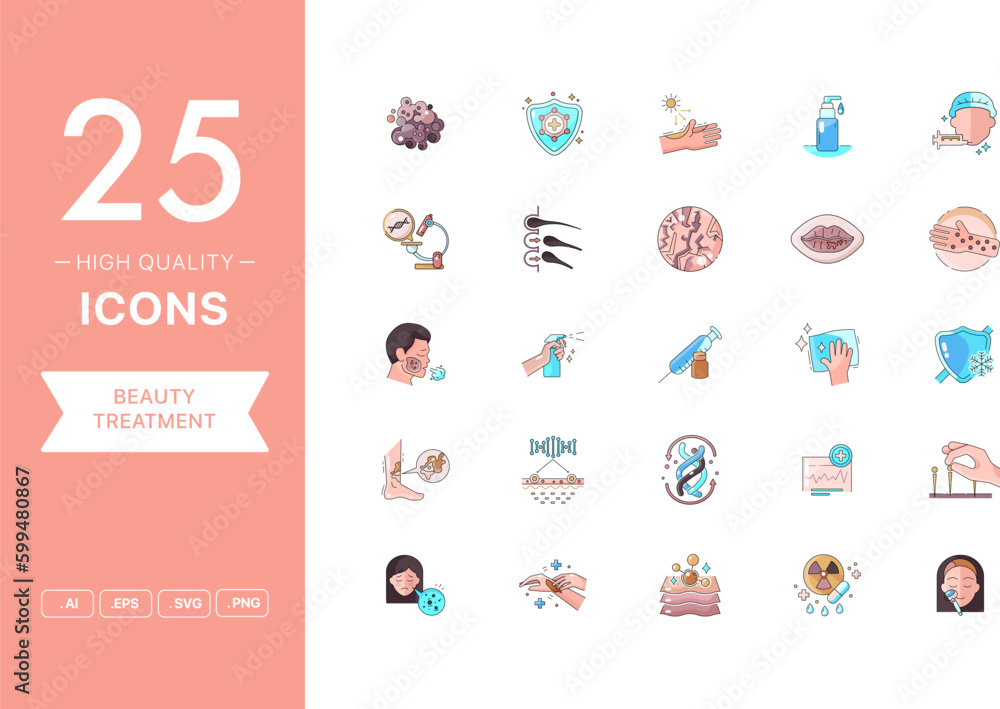 Vector set of Beauty Treatment icons. The collection comprises 25 vector icons for mobile applications and websites.