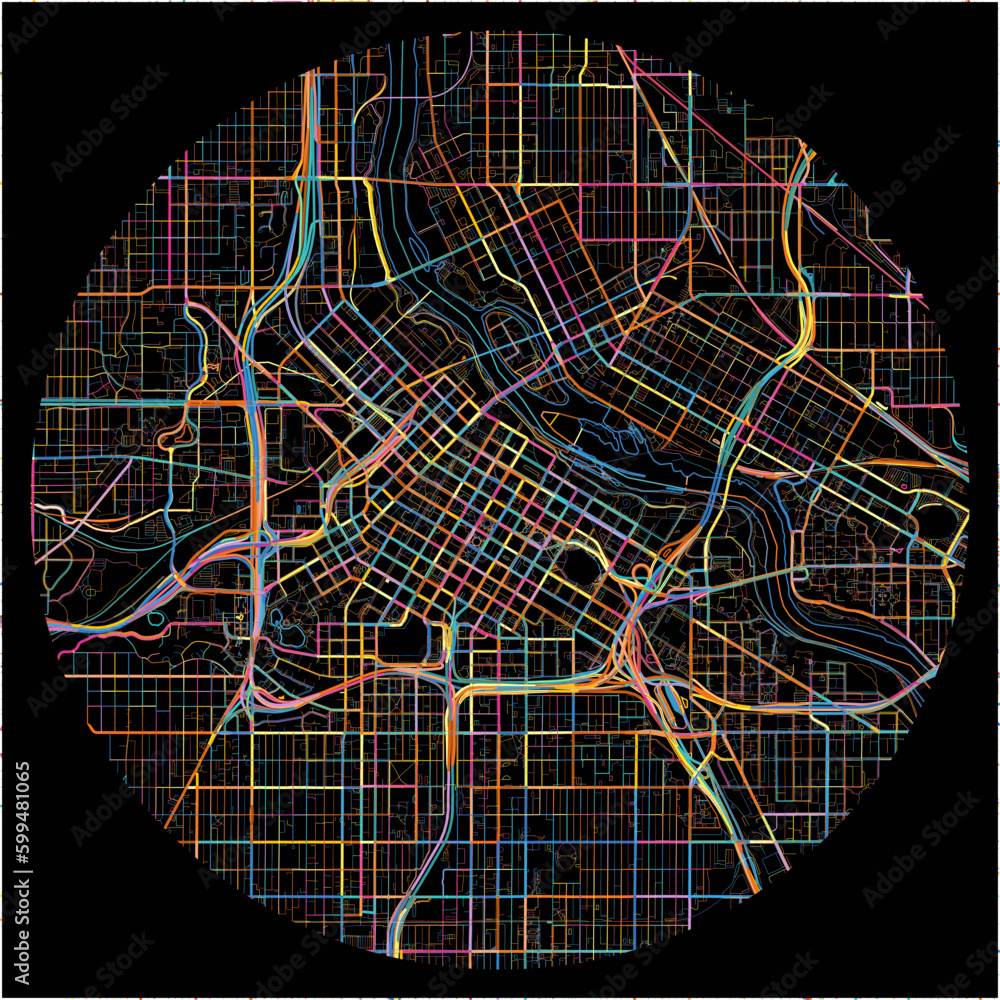 Colorful Map of Minneapolis, Minnesota with all major and minor roads.