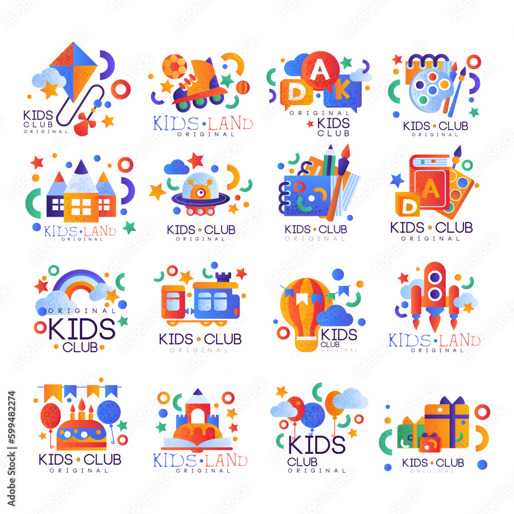 Kids Land and Club Logo Original Colorful Design with Bright Objects Vector Set