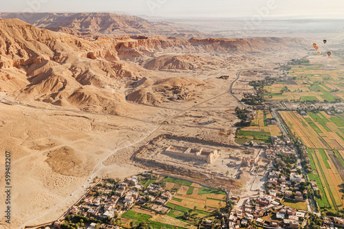 Aerial view of Luxor, with the desert and the crops in Egypt