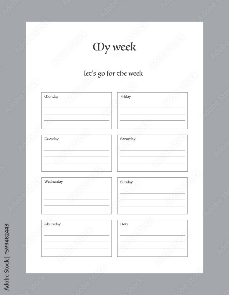 Weekly planner. Minimalist planner template set. Vector illustration. Weekly planner. Minimalist planner template set. Vector illustration.