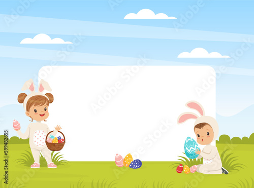 Joyful Children in Bunny Costume Holding Easter Basket and Painted Fggs for Holiday Near Empty Rectangular Space Vector Illustration