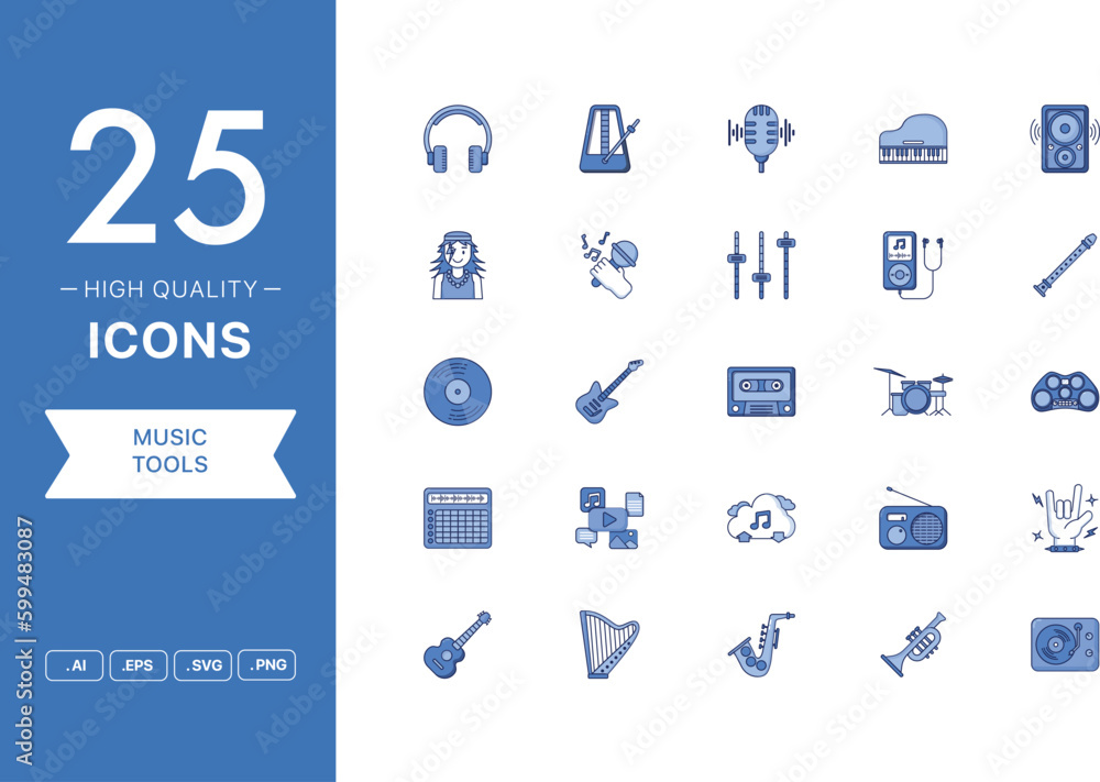 Vector set of Music Tools icons. The collection comprises 25 vector icons for mobile applications and websites.