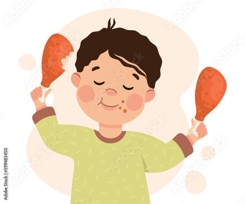Cute little boy eating fried chicken drumsticks. Happy kid eating fast food cartoon vector illustration