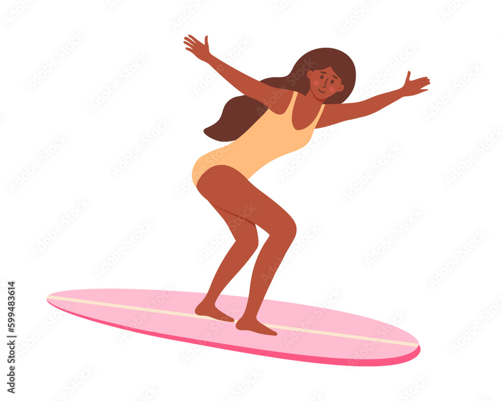 African american woman in swimsuit on surfboard. Beach surfer girl. Active summer, Healthy Lifestyle, Surfing, Summer Vacation concept