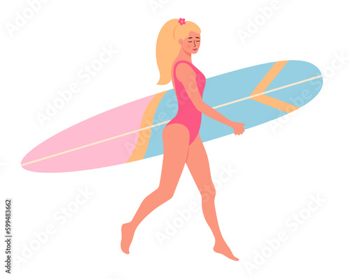 Beautiful woman in swimsuit with surfboard. Beach surfer blonde girl. Active summer, Healthy Lifestyle, Surfing, Summer Vacation concept © Julia G art