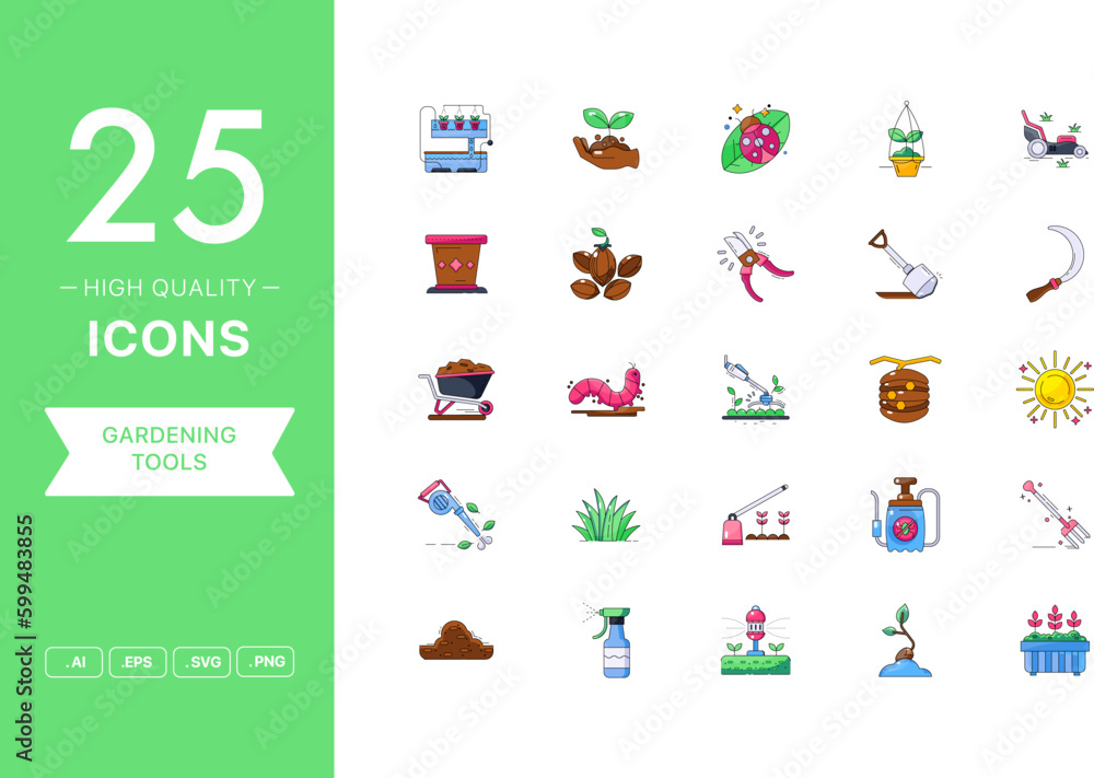Vector set of Gardening Tools icons. The collection comprises 25 vector icons for mobile applications and websites. Vector set of Gardening Tools icons. The collection comprises 25 vector icons for mobile applications and websites.