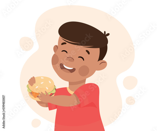 Cute little boy eating hamburger. Happy kid eating fast food cartoon vector illustration