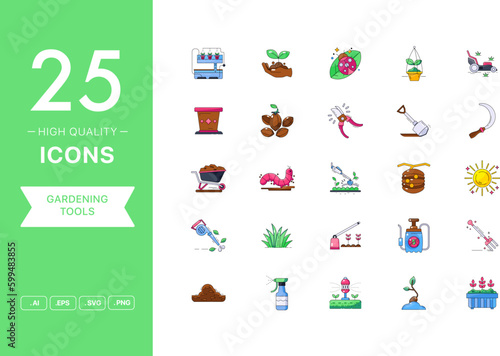 Vector set of Gardening Tools icons. The collection comprises 25 vector icons for mobile applications and websites.