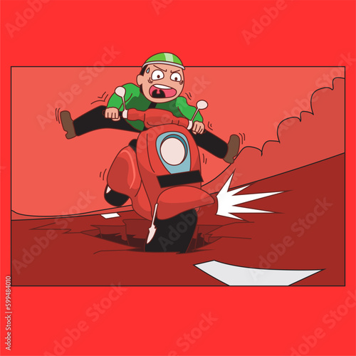 A man riding a motorcycle crash with a red background 