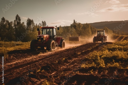 Concept of Regenerative agriculture, tractor driving on the framer fields, vegetables, agro, agriculture, generative ai