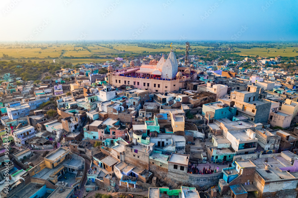 Aerial view of Holi festival celebration near Shri Nand Baba Temple, Nandgaon, Uttar Pradesh, India.