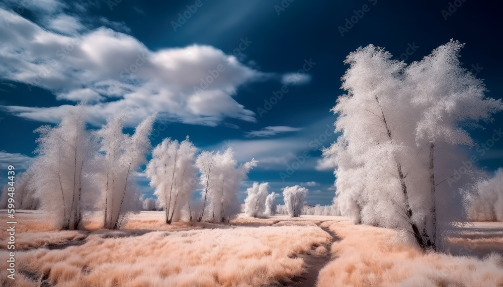 Landscape of trees and dirt trail leading into cloudy sky. Infrared nature photography. Landscape of trees and dirt trail leading into cloudy sky. Infrared nature photography.