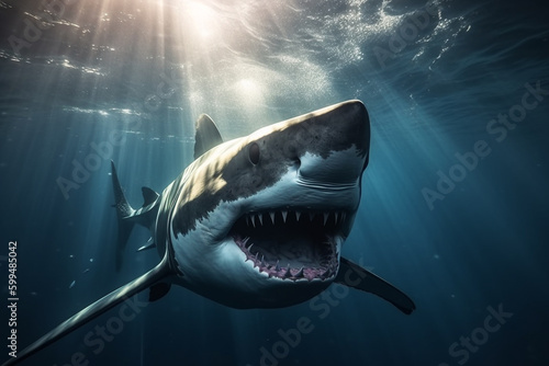 Animals  nature and wildlife concept. Great white shark swimming in deep blue waters. Generative AI