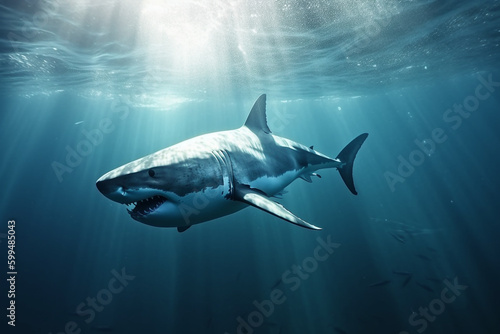 Animals  nature and wildlife concept. Great white shark swimming in deep blue waters. Generative AI