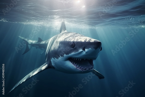 Animals, nature and wildlife concept. Great white shark swimming in deep blue waters. Generative AI