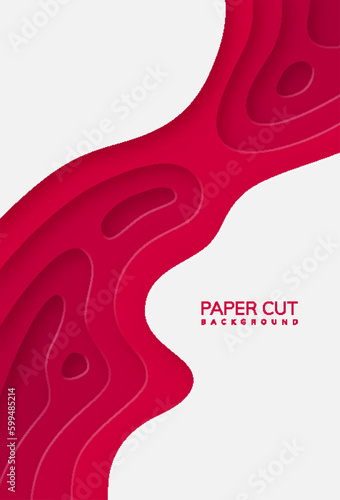 Papercut geometric topography banner or red liquid gradient. 3D papercut decoration textured background, pattern with wavy layers. Paper topography relief vector illustration