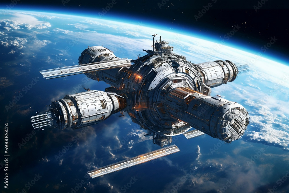 Background : An illustration of a futuristic space station orbiting the Earth Background : An illustration of a futuristic space station orbiting the Earth
