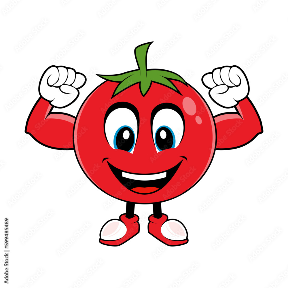 Smiling Tomato Fruit Cartoon Mascot mascot with Muscle Arms. Vector illustration of red tomato character with various cute expression Smiling Tomato Fruit Cartoon Mascot mascot with Muscle Arms. Vector illustration of red tomato character with various cute expression