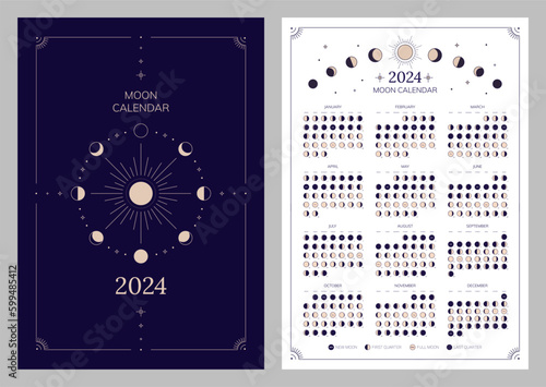 Moon phases whole cycle, moonlight activity stages design template. Astrology, astronomical lunar sphere shadow, whole cycle from new to full moon calendar banner, card vector illustration photo