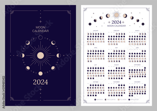 Moon phases whole cycle, moonlight activity stages design template. Astrology, astronomical lunar sphere shadow, whole cycle from new to full moon calendar banner, card vector illustration